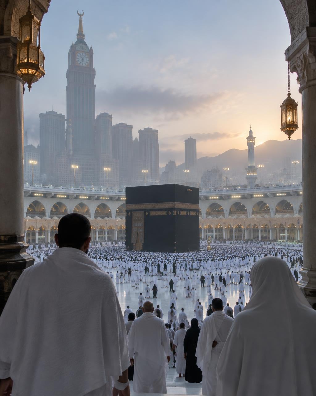 Pilgrims approaching the Kaaba at dawn